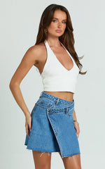 Rihanna Skirt - High Waisted Asymmetrical Denim Skirt in Mid Blue Wash