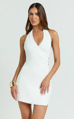Roseville Mini Dress - Wrap Front Halter Dress with Hardware Detail in White
