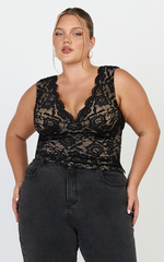 Antonia Top - V Neck Lace Detail Top in Black