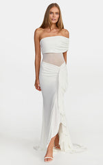 Hallie Maxi Dress - One Shoulder Flounce Dress With Leg Split And Sheer Panel in White