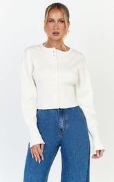 Ramsey Cardigan - Recycled Contoured Waist Button Down Cardigan in Ivory