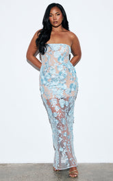 Sienna Maxi Dress - 3D Floral Strapless Column Dress in Blue