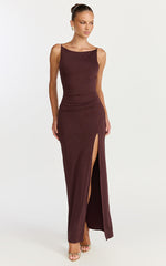Audette Maxi Dress - Boat Neck Ruched Fitted Dress in Chocolate