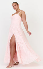Rachel Maxi Dress - Sweetheart Neckline Jacquard Front Split Dress in Pink