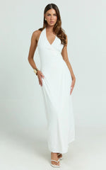 Roseville Maxi - Wrap Front Halter Dress with Hardware Detail in White