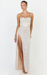 Cora Maxi Dress - Corset Bodice Draped Skirt Sequin Dress in Nude