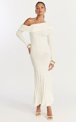 Elaine Midi Dress - Knit Off Shoulder Asymmetric Panel Dress in Cream