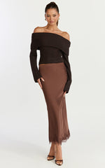 Darcie Top - Off Shoulder Long Sleeve Knit Top in Chocolate