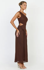 Mandy Midi Dress - Knot Detail Cut Out Mesh Dress in Chocolate