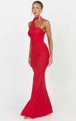 Larson Maxi Dress - Asymmetric Tie Neck Column Dress in Red
