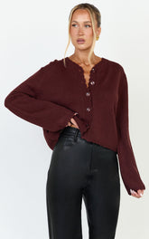 Nova Cardigan - Scallop Edge Button Down Cardigan in Wine