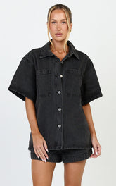 Iris Top - Oversized Recycled Denim Short Sleeve Shirt in Black