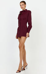 Thelma Mini Dress - Button Front Pleat Waist Tulip Skirt Shirtdress in Wine