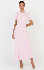 Lanie Midi Dress - Knitted Crew Neck Short Sleeve Dress in Pink