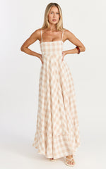 Katrien Maxi Dress - Strappy Empire Waist Flare Dress in Beige and White Check