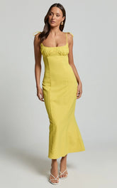 Karina Midi Dress - Ruched Bust Tie Shoulder Fit and Flare Dress in Lemon