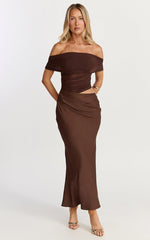 Zuri Midi Dress - Cut Out Draped Shoulder Dress in Chocolate