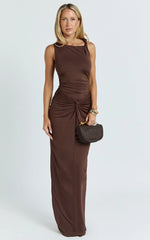 Ginny Maxi Dress - Jersey Ruched V Waist Dress in Chocolate