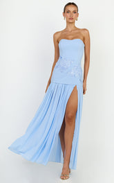 Jefferies Maxi Dress - Peplum Bodice Contrast Georgette Dress in Light Blue
