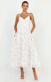 Philine Midi Dress - Jacquard Plunge Fit and Flare Dress in White