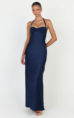Flynn Maxi Dress - Satin Halter Sweetheart Neck Dress in Navy