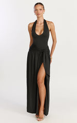 Coraline Maxi Dress - Plunge Neckline Double Waist Sash Halter Dress in Black