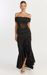 Kaia Maxi Dress - Off Shoulder Long Sleeve Ruffle Hem Lace Dress in Black