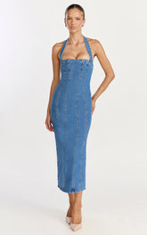 Skye Midi Dress - Halter Neck Panelled Denim Dress in Mid Blue Wash