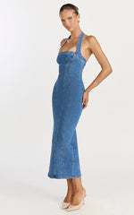 Skye Midi Dress - Halter Neck Panelled Denim Dress in Mid Blue Wash