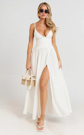 Jamilla Maxi Dress - Plunge Drop Waist High Leg Split Dress in Off White
