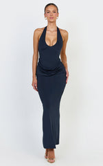 Heath Maxi Dress - Scoop Halter Neck With Drape Front Skirt Back Split Dress in Navy