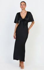 Amelie Maxi Dress - Ruched Front Angel Sleeve Satin Dress in Black
