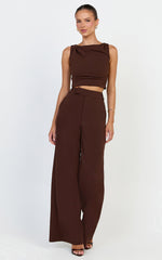 Helen Two Piece Set - Crepe Twisted Top And Wide Leg Pants in Chocolate