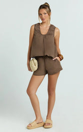 Ruby Two Piece Sets - Cotton Shell Top and Short Set in Chocolate