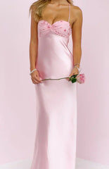 Chilli Pink Beaded Bust Satin Maxi Dress