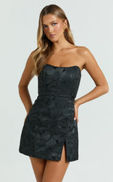 Brailey Mini Dress - Strapless Dress in Black Jacquard