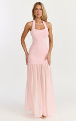 Barbara Maxi Dress - Halter Scoop Neck Contrast Georgette Dress in Pink