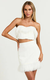 Rhaiza Mini Skirt - Faux Feather Trim High Waisted Skirt in White