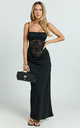Rania Maxi Dress - Contrast Lace Bodice Bias Cowl Drop Waist Dress in Black