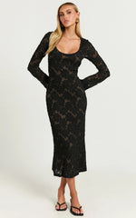 Kathy Midi Dress - Scoop Neck Long Sleeve Jacquard Textured Dress in Black