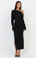 Alyce Midi Dress - Jersey Asymmetric Ruched Bodycon Dress in Black
