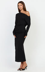 Alyce Midi Dress - Jersey Asymmetric Ruched Bodycon Dress in Black