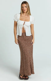 Ruby Maxi Skirt - High Waisted Bias Cut Skirt in Chocolate Polka Dot