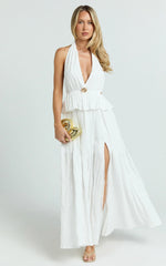Heidi Maxi Dress - Deep V Plunge Halter Neck Brooch Detail Split Skirt Dress in White