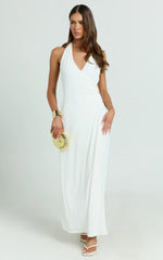 Roseville Maxi - Wrap Front Halter Dress with Hardware Detail in White