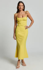 Karina Midi Dress - Ruched Bust Tie Shoulder Fit and Flare Dress in Lemon