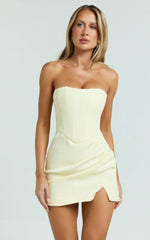 Avery Mini Dress Strapless Corset Bodice Draped Dress in Lemon