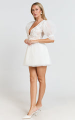 Akshia Mini Dress - Puff Sleeve Floral Detail Plunge Neck Dress in White