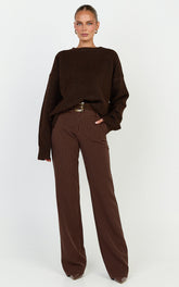 Amanda Jumper - Crew Neck Long Sleeve Knit Sweater in Chocolate