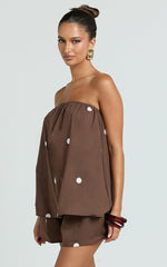 Amy Two Piece Set - Strapless Top and Short Set in Chocolate Polka Dot
